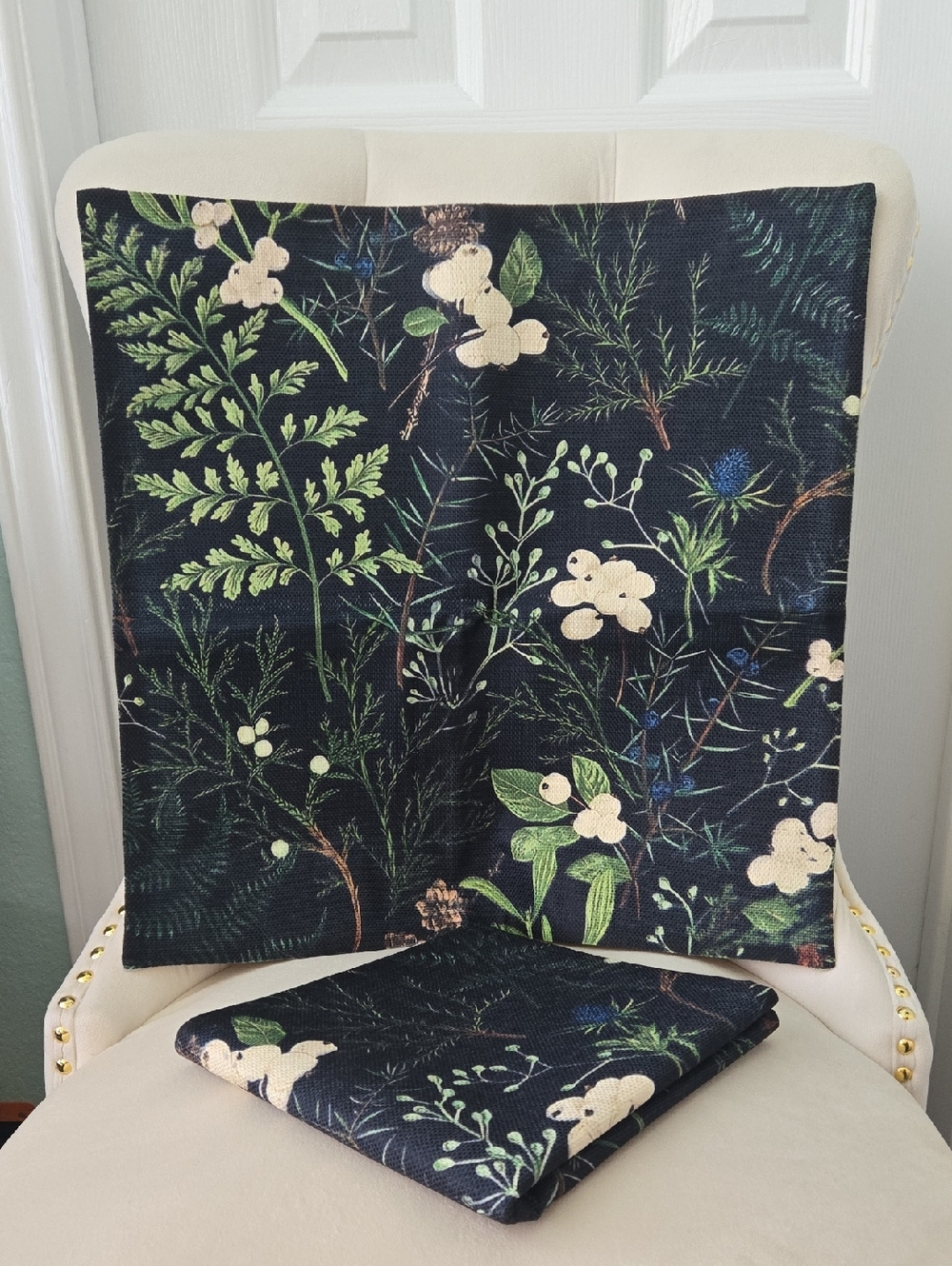 Amazon Dark Blue Floral Botanical Accent Pillow Covers W/ Cream Flowers
